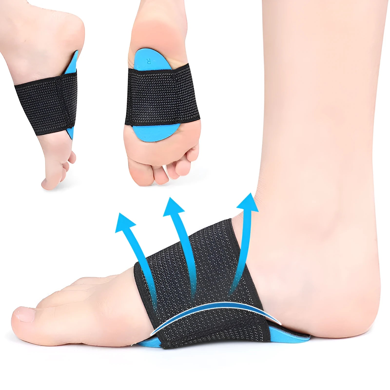 Blue elastic bandage arch support foot pads for flat feet, shown in adult and children sizes.