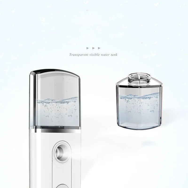 Portable facial nano mist humidifier in white with 20ml tank and compact 10cm body