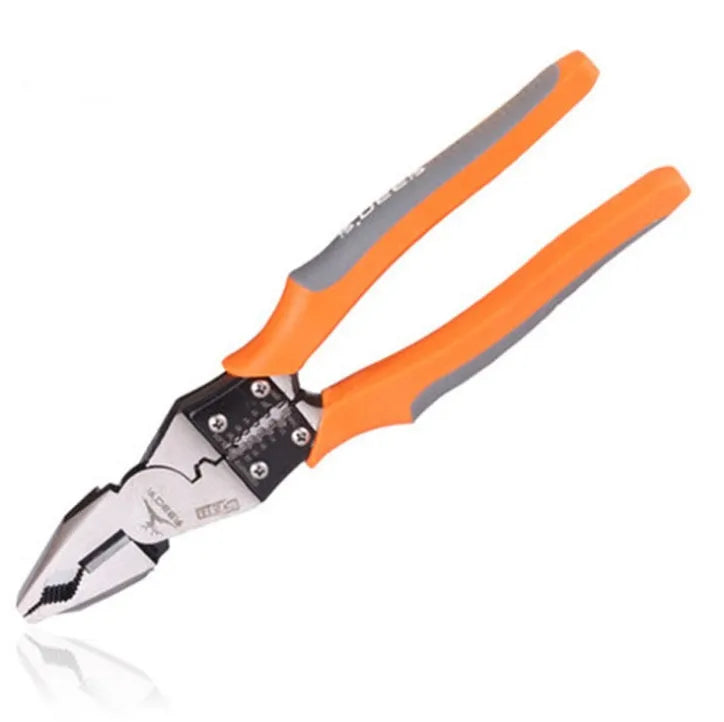 Orange multi-function wire cutter with forged steel head and textured PVC handle on a workbench.