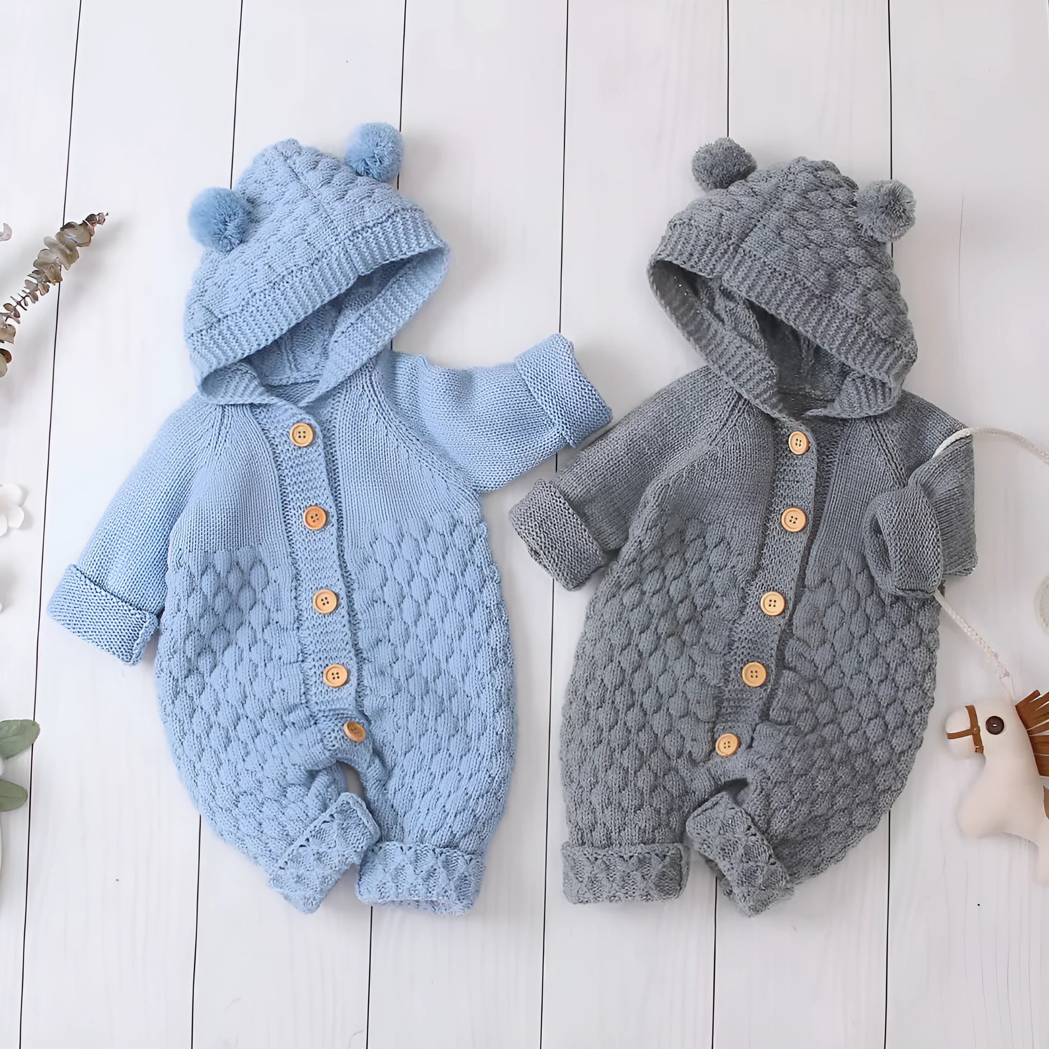 Baby knitted romper hooded sleeveless cotton bodysuit in light blue Korean style