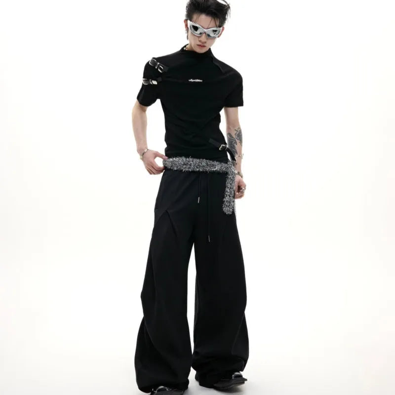 Men's black slim-fit cotton T-shirt with a small stand-up collar and decorative metal belt detail.