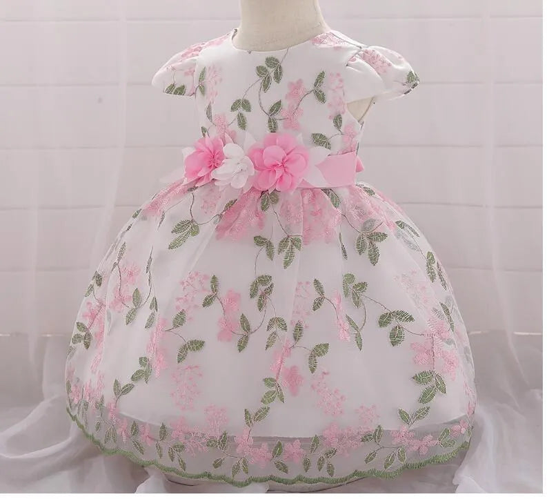 Baby girls fluffy summer dress in soybean powder colour, princess style with cotton blend fabric