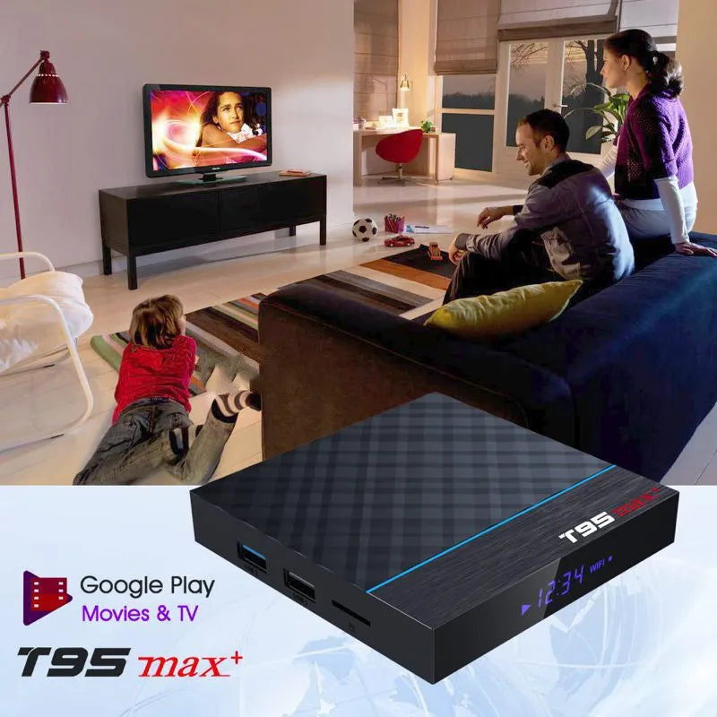 Black T95 Max Plus Android TV box with remote control on a table.