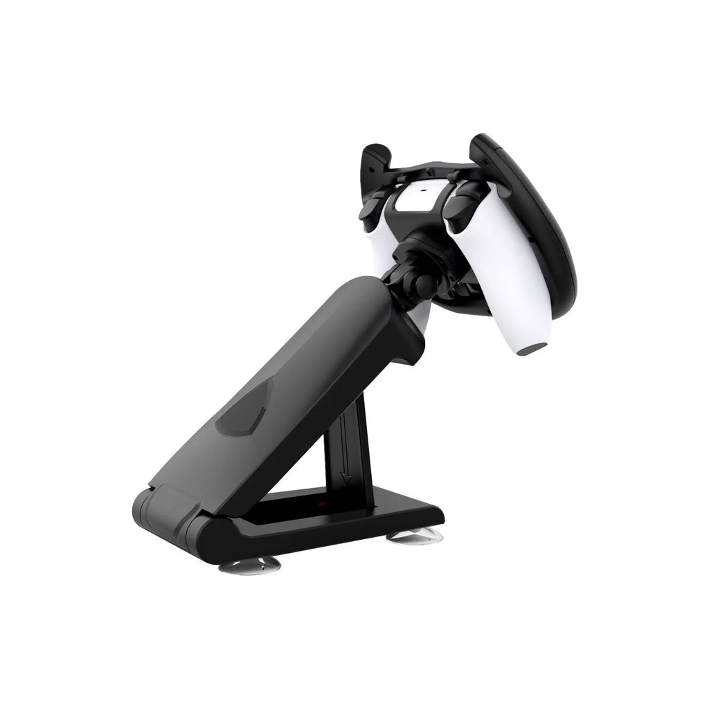 Black ABS plastic gamepad steering wheel bracket with a suction cup mount for mobile phone gaming.