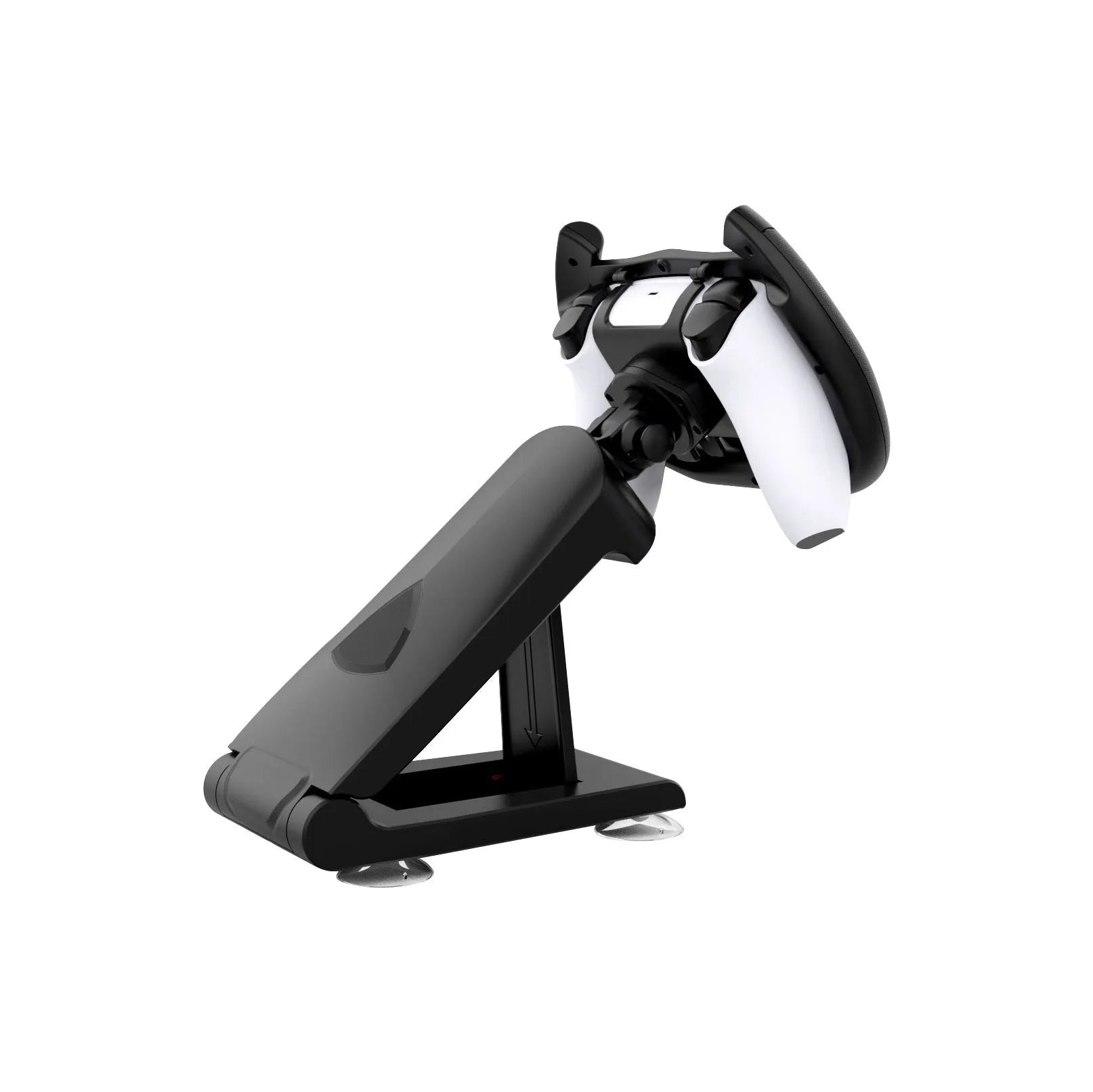 Black ABS plastic gamepad steering wheel bracket with a suction cup mount for mobile phone gaming.