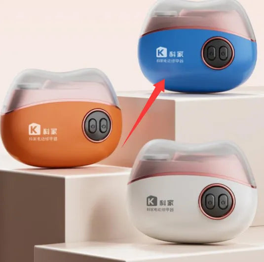 Electric nail clipper and polish tool in blue, orange, and white colour options