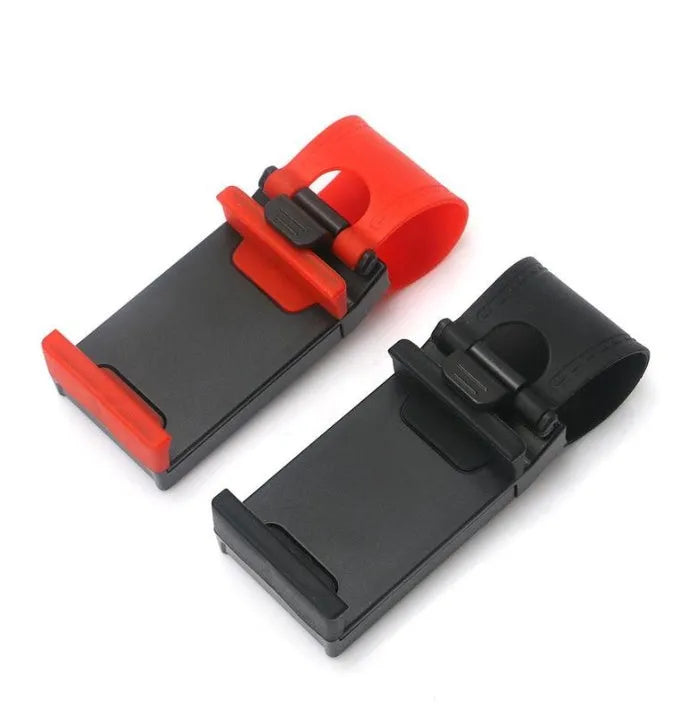 Black steering wheel phone holder with silicone pad for smartphone protection measuring 75x40x25mm