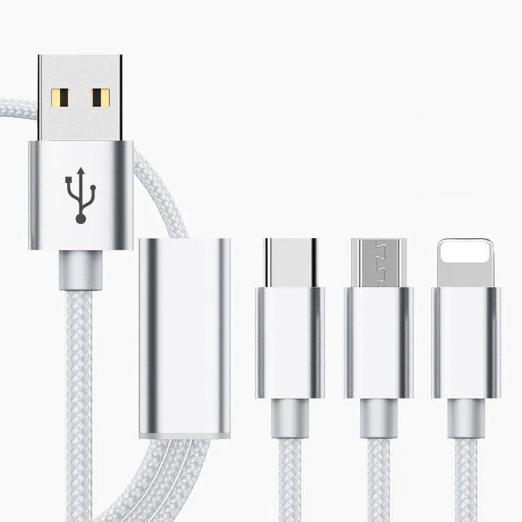 Black three-in-one mobile phone charging cable with three connectors on a 1.2m cord.