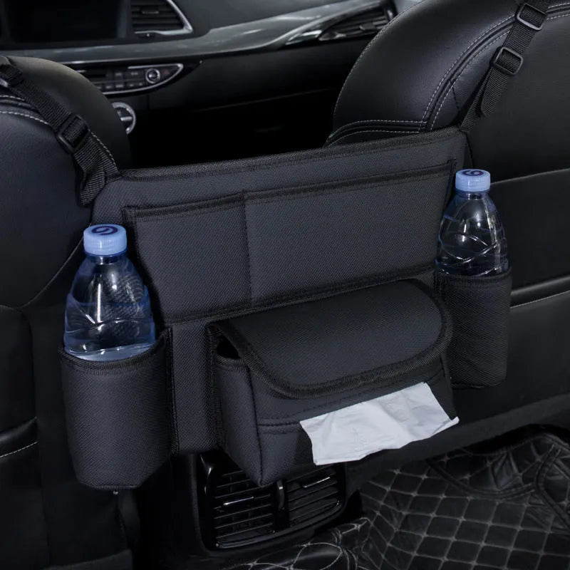 Leather car seat hanging tissue box installed between vehicle seats in black colour