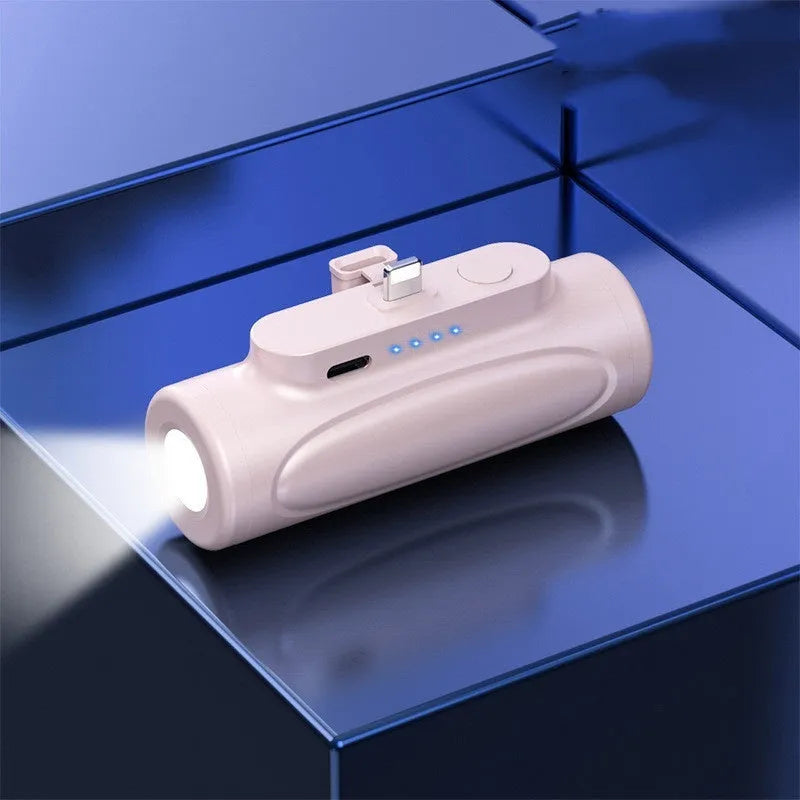 Black Glare power bank with integrated LED flashlight showing USB-C port and compact size.