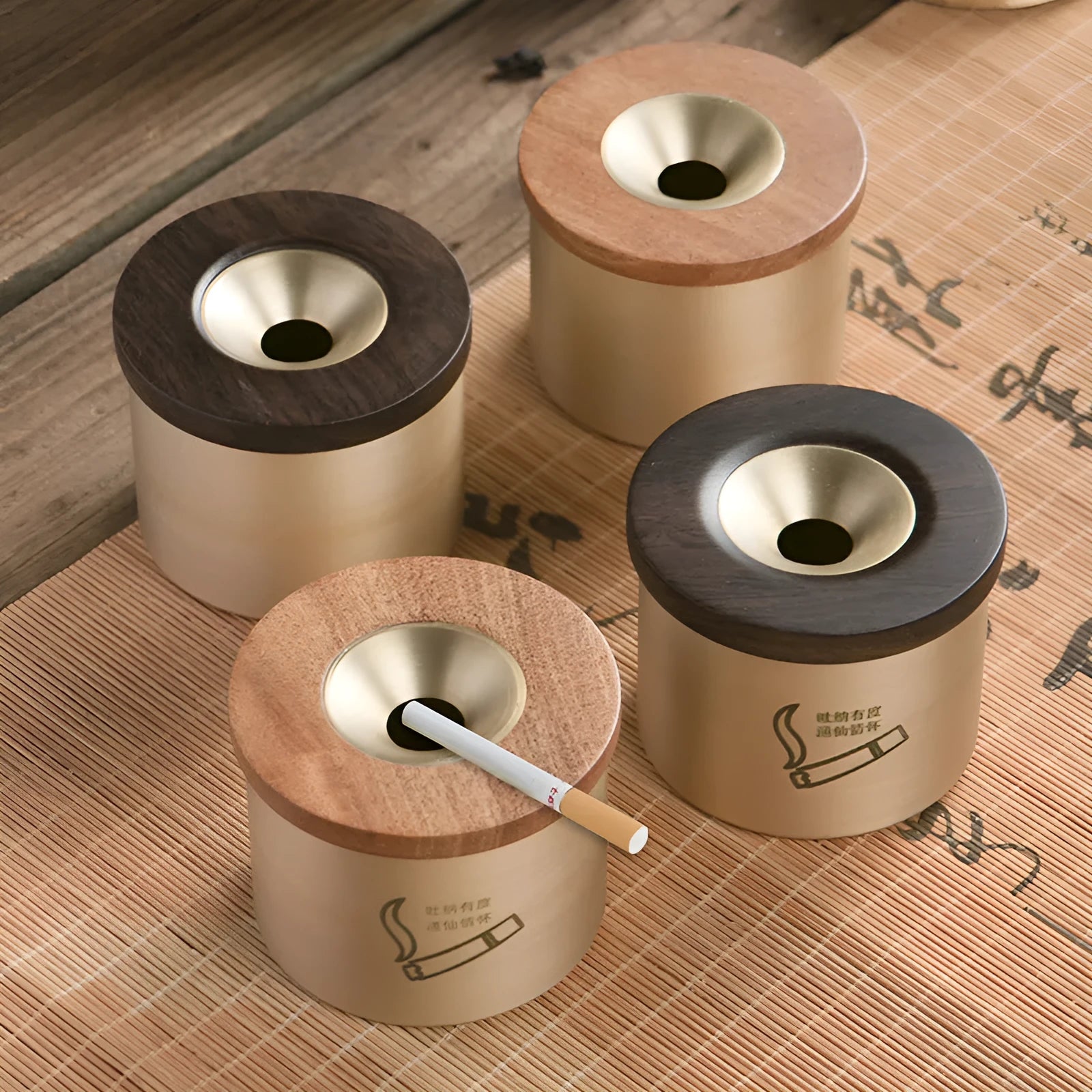 Retro brass ashtray with solid copper construction and hinged wooden lid featuring central circular aperture