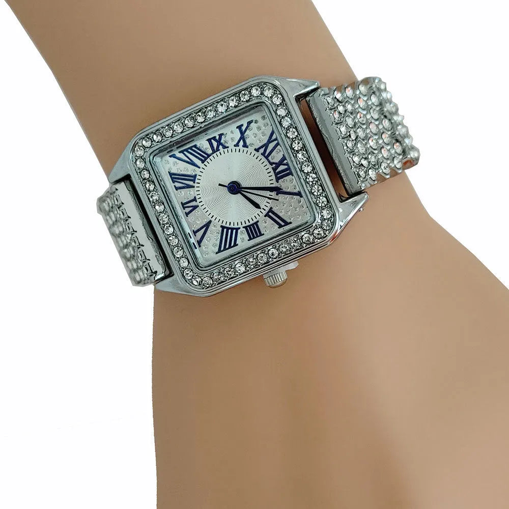 Square full diamond women's quartz watch with alloy band and stainless steel buckle in rose gold finish