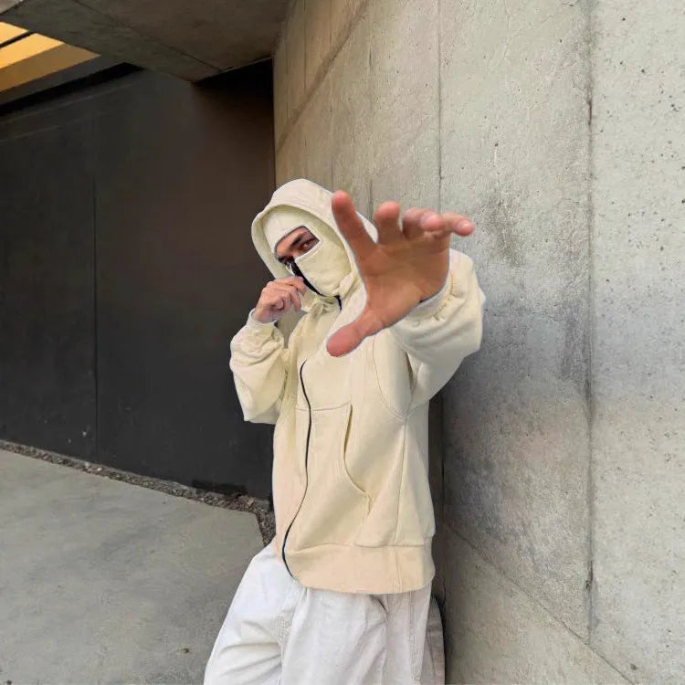Men's solid colour loose polyester hoodie with double-layer masked hood and zip front, shown in black