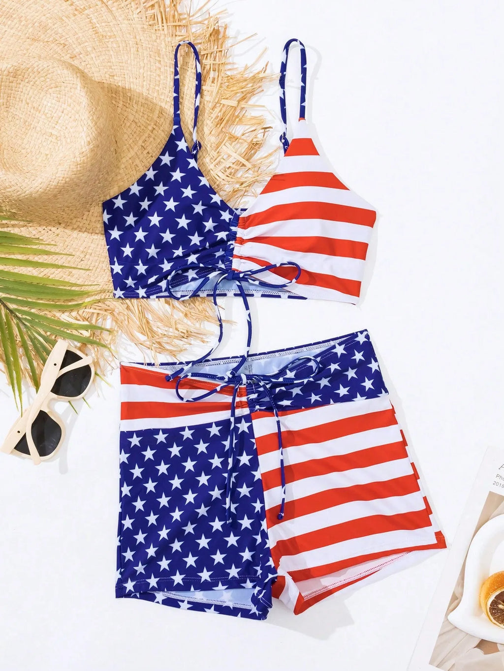 Women's high waist boxer swimsuit with drawstring waist in Stars and Stripes pattern