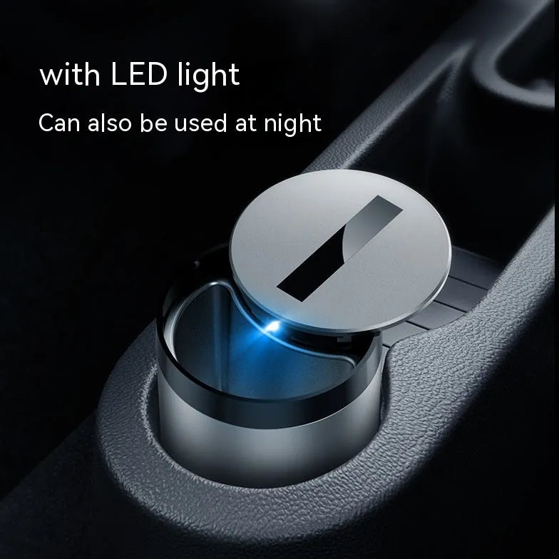 Grey aluminium intelligent induction ashtray with automatic opening lid for car use.