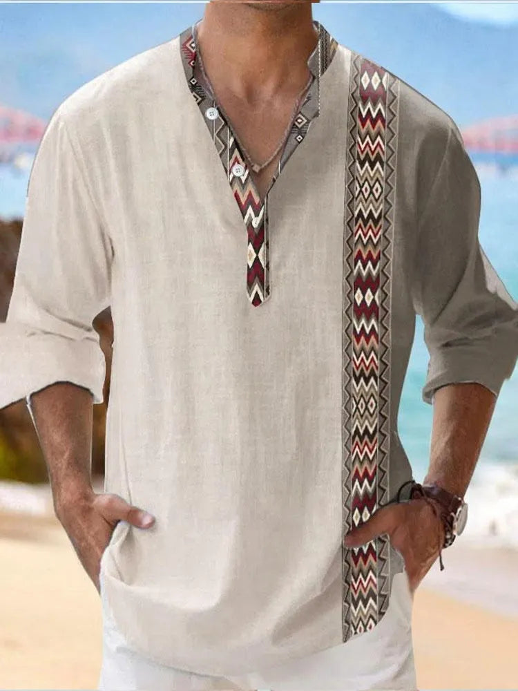 Thin striped Hawaiian long sleeve shirt in polyester fabric with cardigan styling