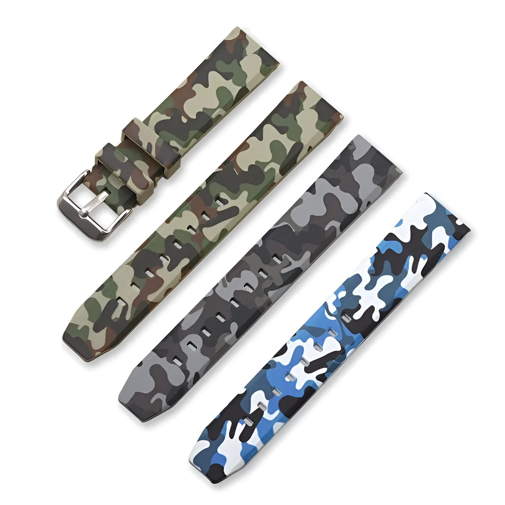 Camouflage pattern silicone watch strap in blue, gray, or green, showing flat head design