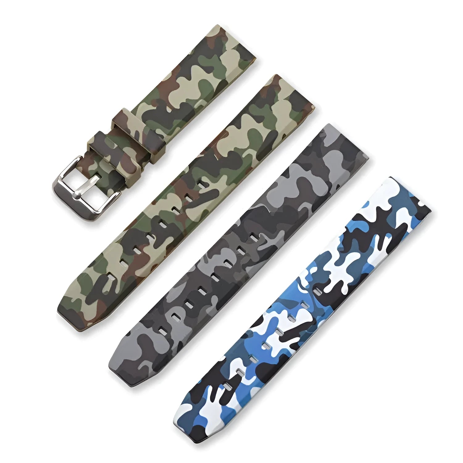 Camouflage pattern silicone watch strap in blue, gray, or green, showing flat head design