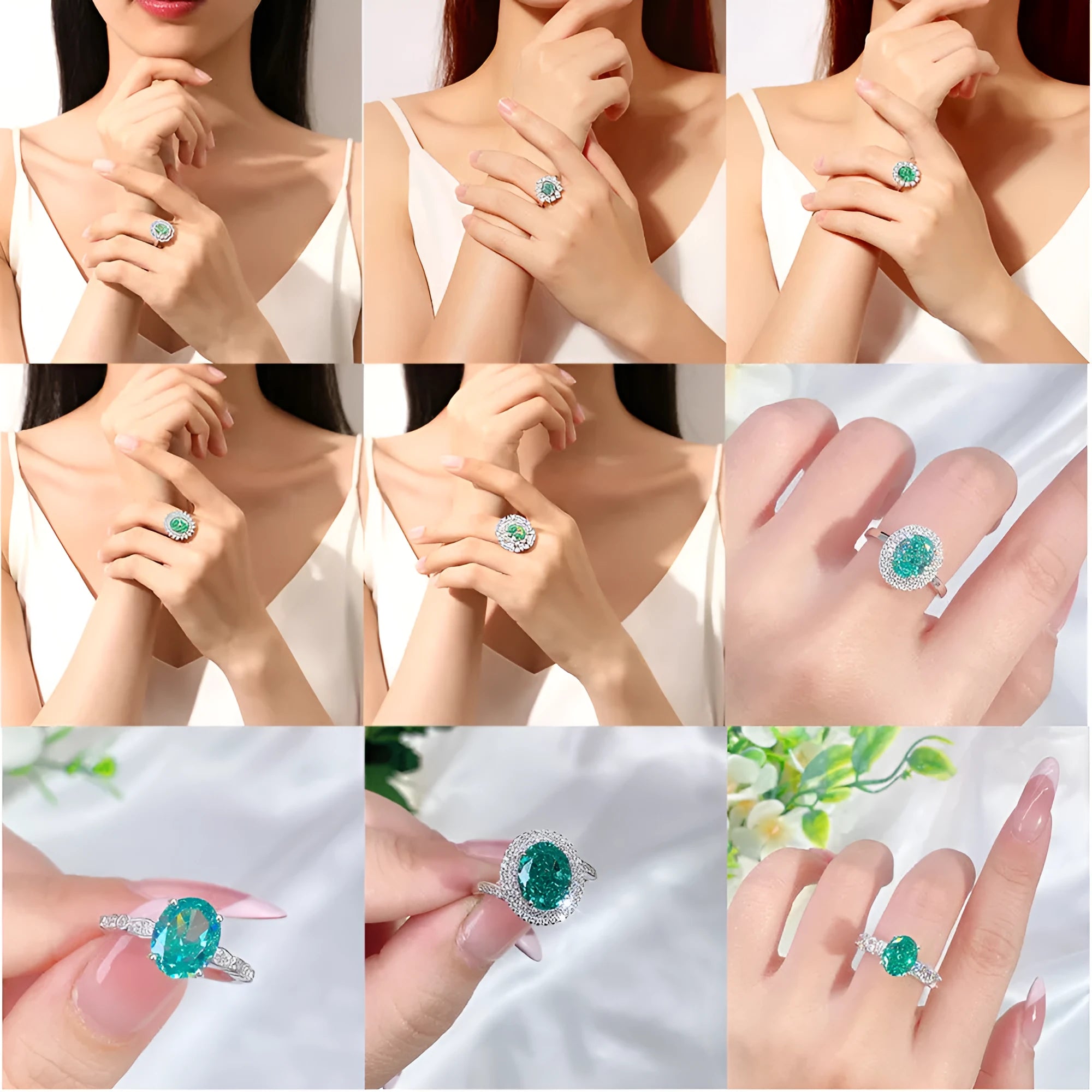 S925 sterling silver women's ring with geometric elliptical design featuring emerald stone and Palaibahao diamond inlay