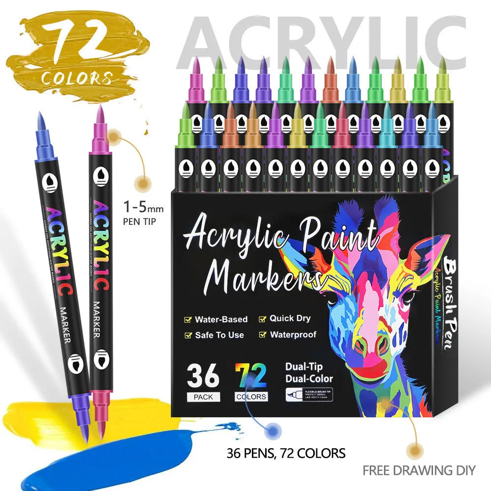 Set of double-headed acrylic marker pens with washable quick-drying ink in various colours