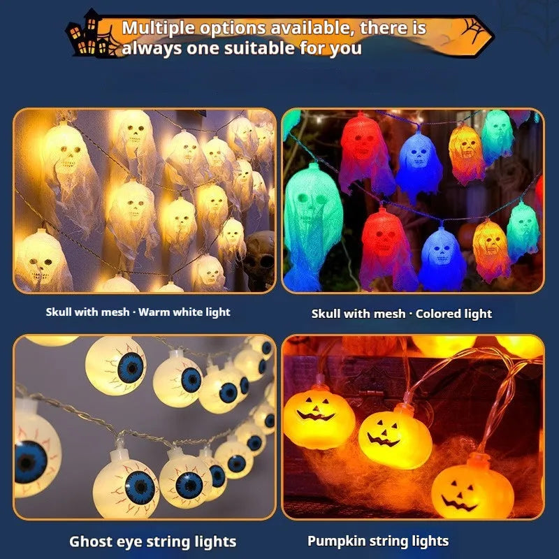 Halloween coloured battery-powered LED string lights showing plastic housing and multiple coloured light beads