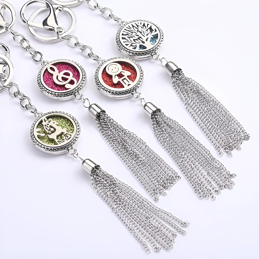 Alloy tassel car pendant air freshener hanging from a rear-view mirror on a 50cm chain