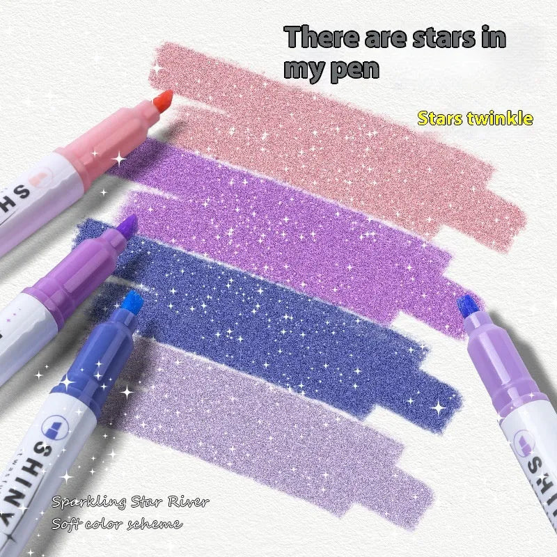 Set of four glitter highlighter pens with slanted tips in six colours including taro puff and mung bean smoothie.