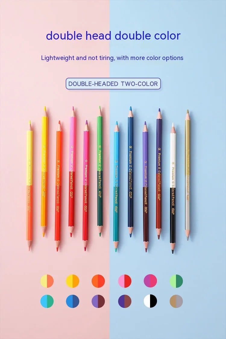 Wooden double head colour pencil set showing two different colour leads on each pencil
