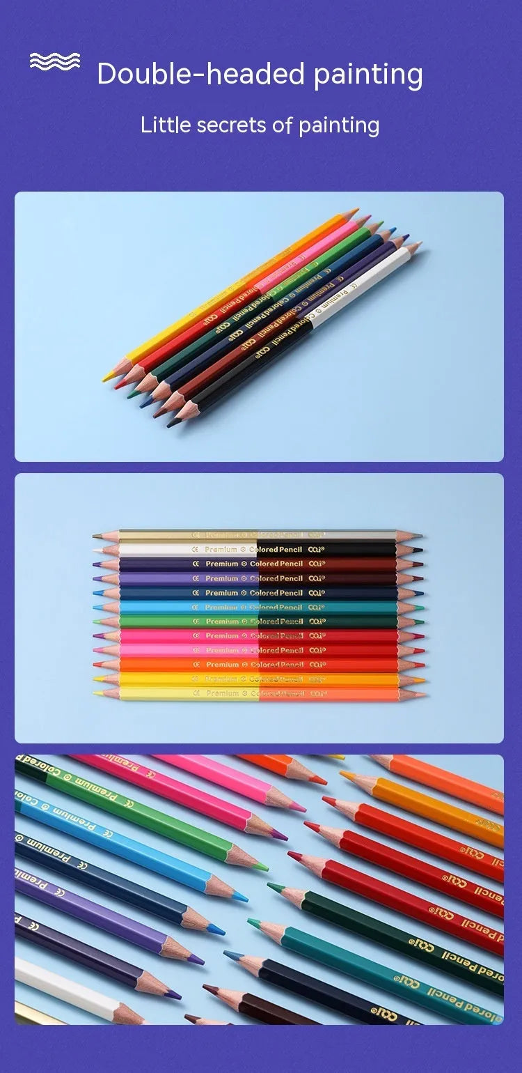 Wooden double head colour pencil set showing two different colour leads on each pencil