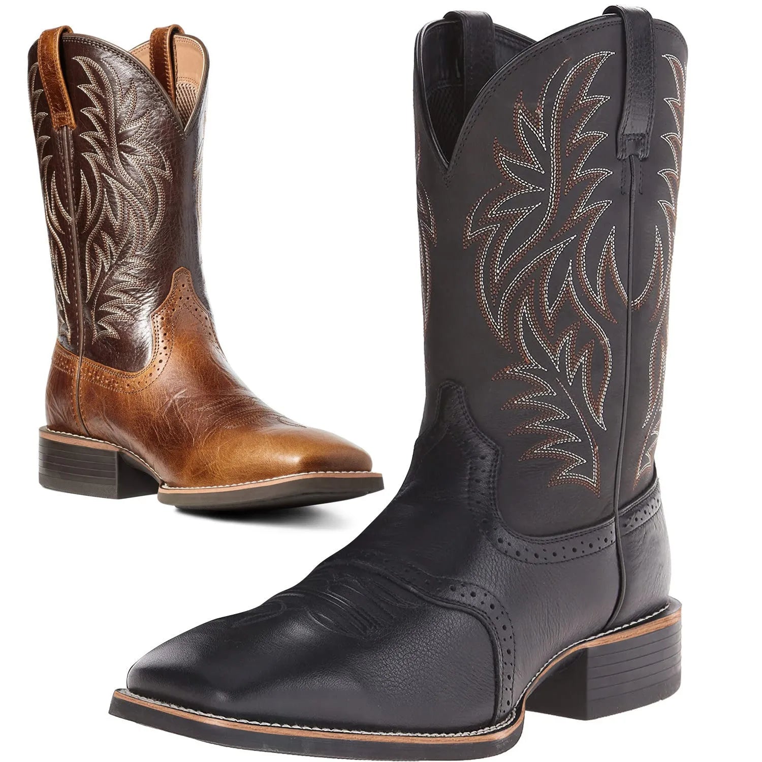 Men's black Western cowboy boots with detailed embroidery stitching on the shaft, square toe, and low heel.
