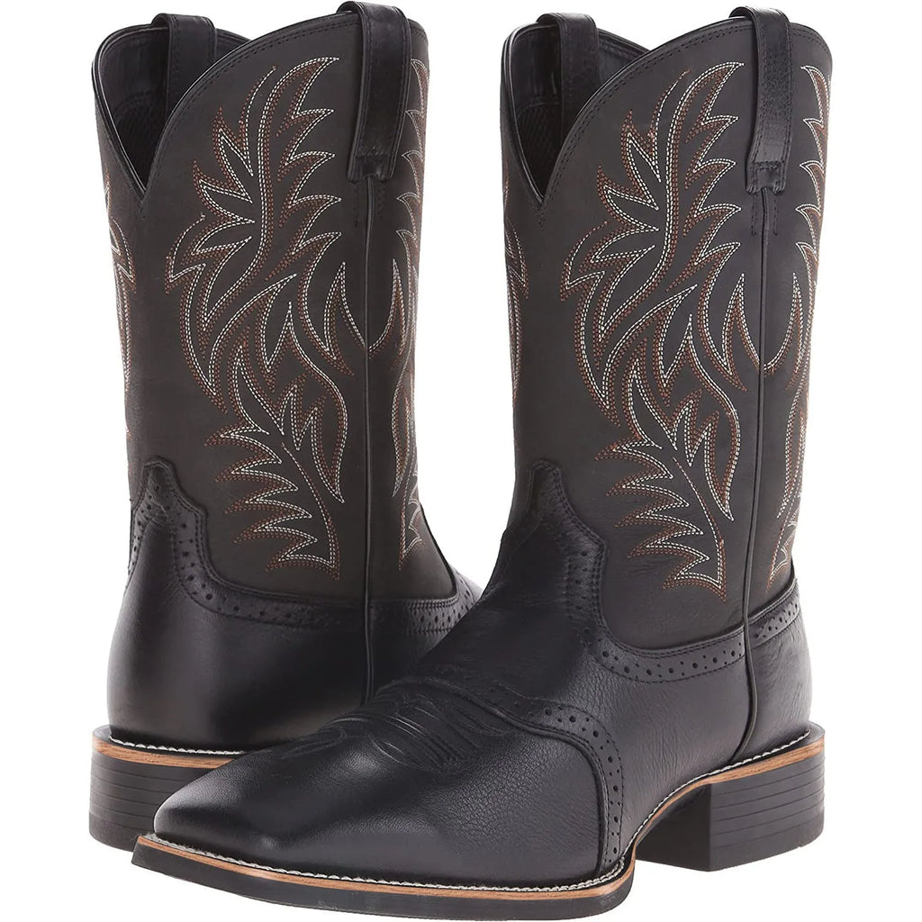 Men's black Western cowboy boots with detailed embroidery stitching on the shaft, square toe, and low heel.