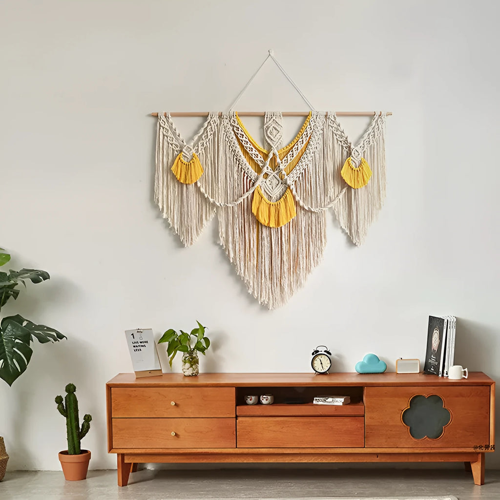 Hand-woven creamy white and yellow cotton Nordic tapestry rectangle 120cm by 95cm