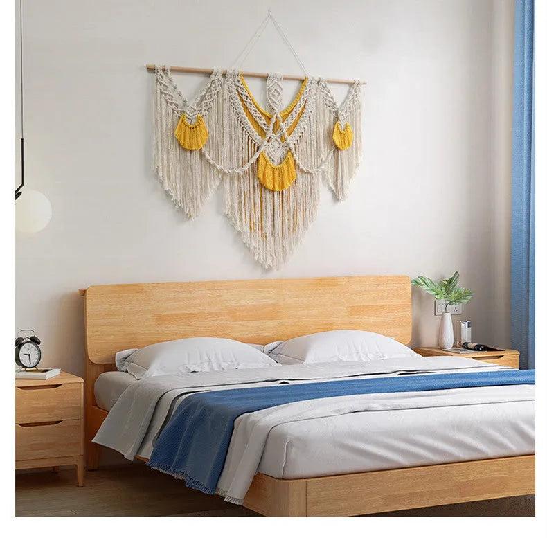 Hand-woven creamy white and yellow cotton Nordic tapestry rectangle 120cm by 95cm