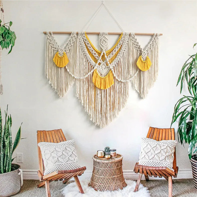 Hand-woven creamy white and yellow cotton Nordic tapestry rectangle 120cm by 95cm
