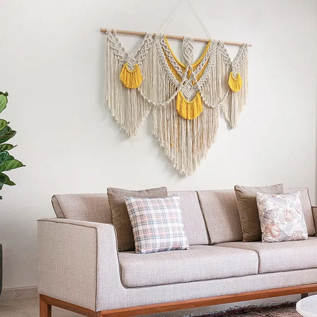 Hand-woven creamy white and yellow cotton Nordic tapestry rectangle 120cm by 95cm