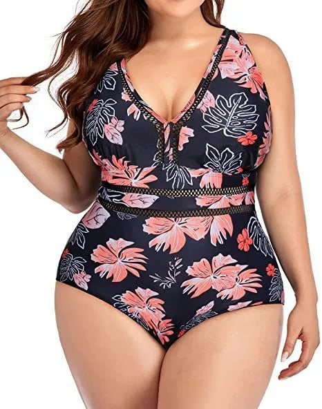 Women's plus size black polyester bikini swimsuit with printing pattern and stitching details