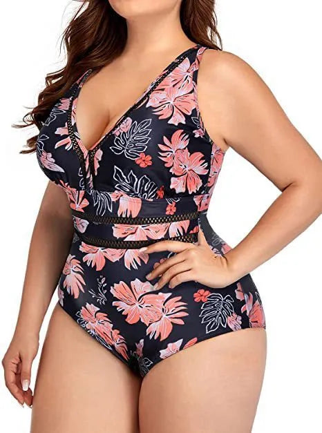 Women's plus size black polyester bikini swimsuit with printing pattern and stitching details