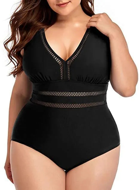 Women's plus size black polyester bikini swimsuit with printing pattern and stitching details