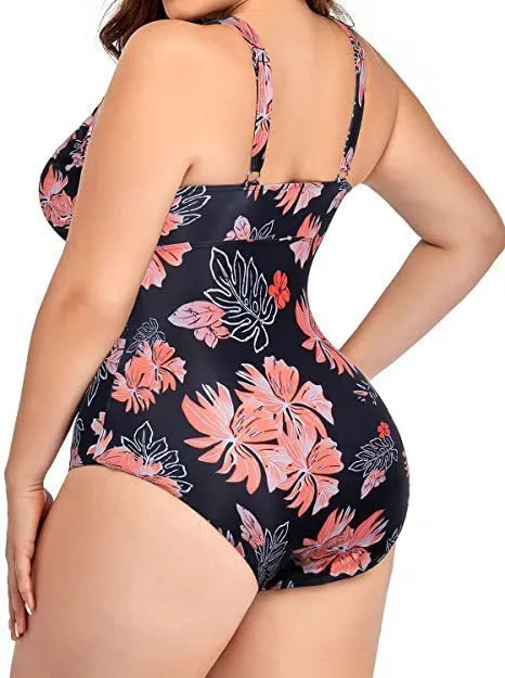 Women's plus size black polyester bikini swimsuit with printing pattern and stitching details