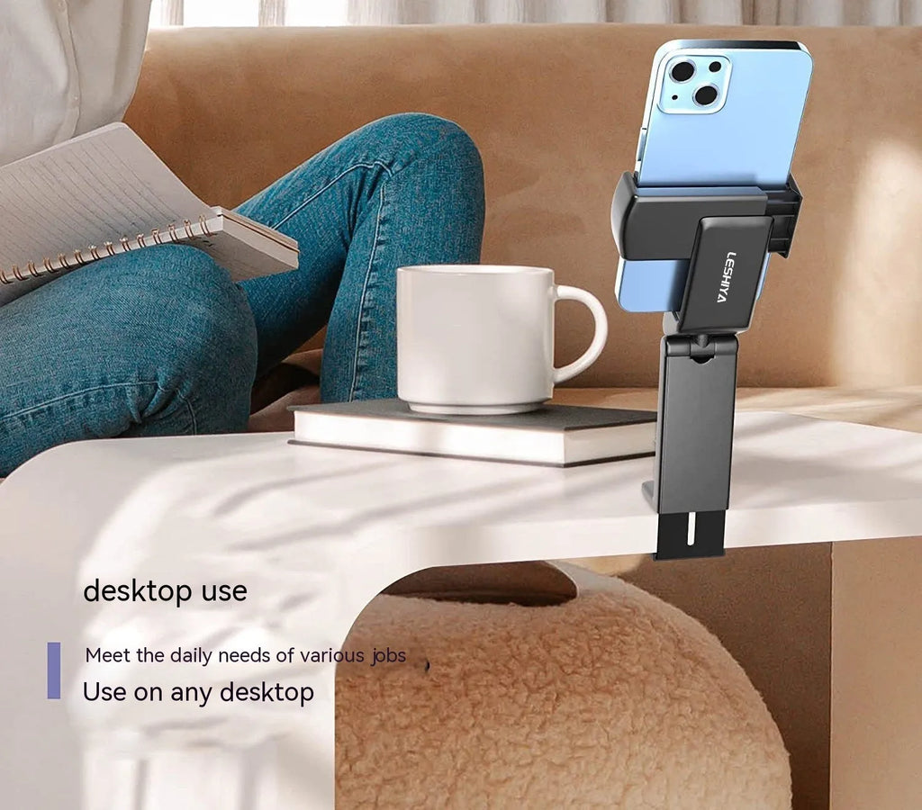 Foldable rotating phone holder in black, grey or green colours on a flat surface
