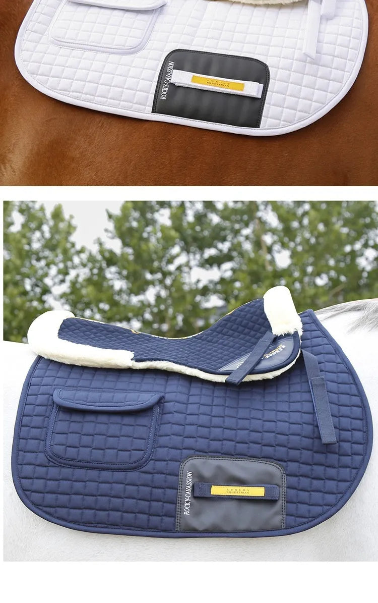 Riding saddle pad with wool cushioning and waist protection in multiple colours