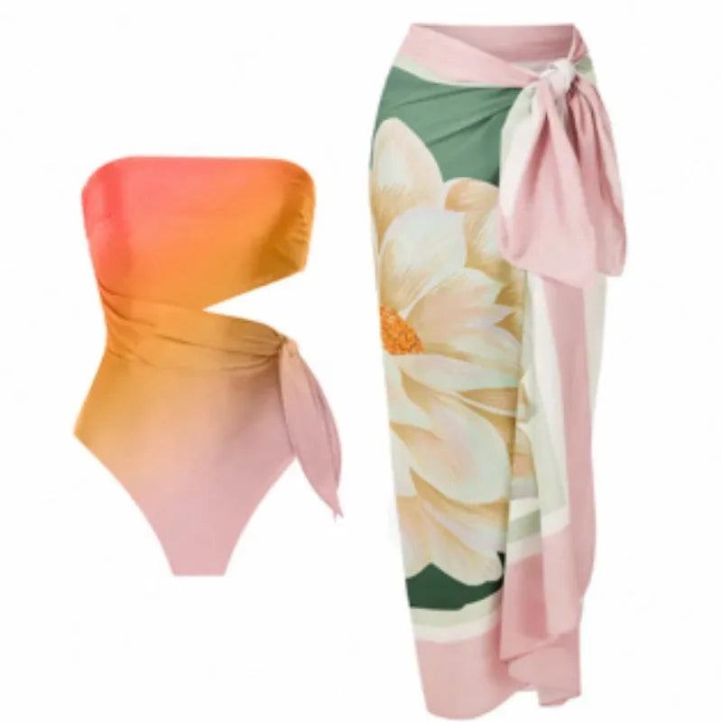 Women's retro patterned one-piece swimsuit in quick-dry polyester fabric.
