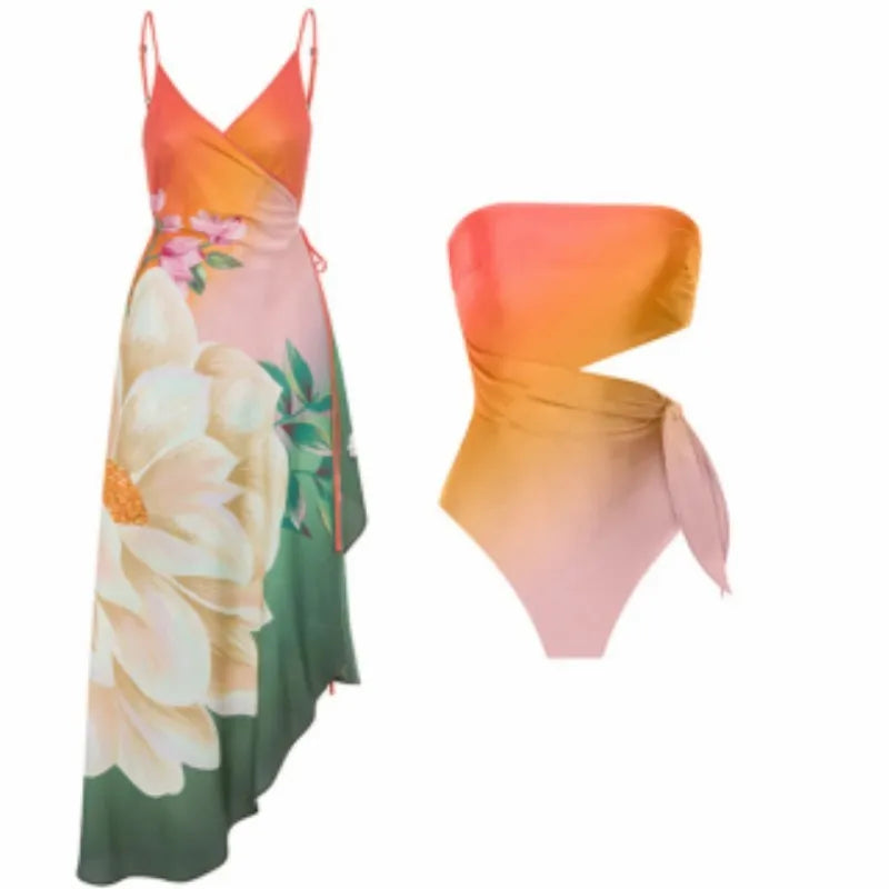 Women's retro patterned one-piece swimsuit in quick-dry polyester fabric.