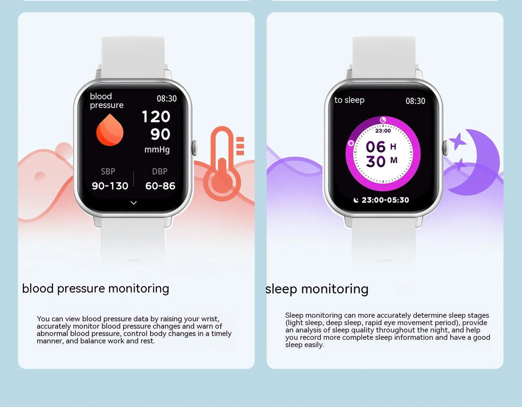 Bluetooth smart watch with AI voice control and heart rate monitoring display showing colour options