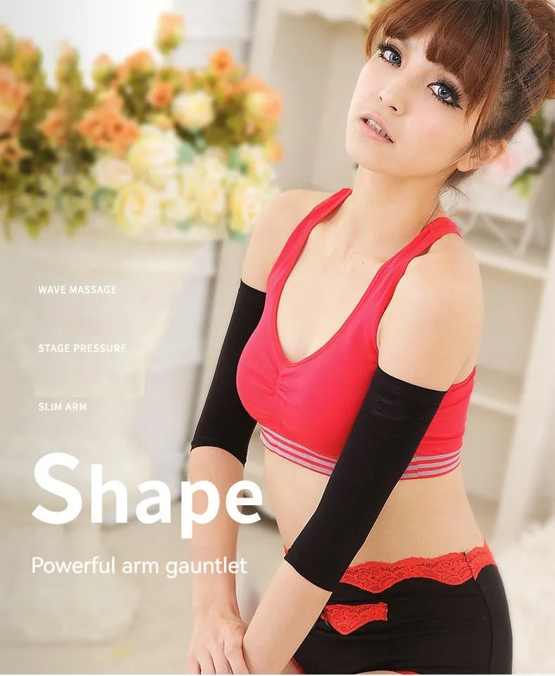 Women's free size shaping arm sleeves in black and skin colour options, made from nylon fabric.