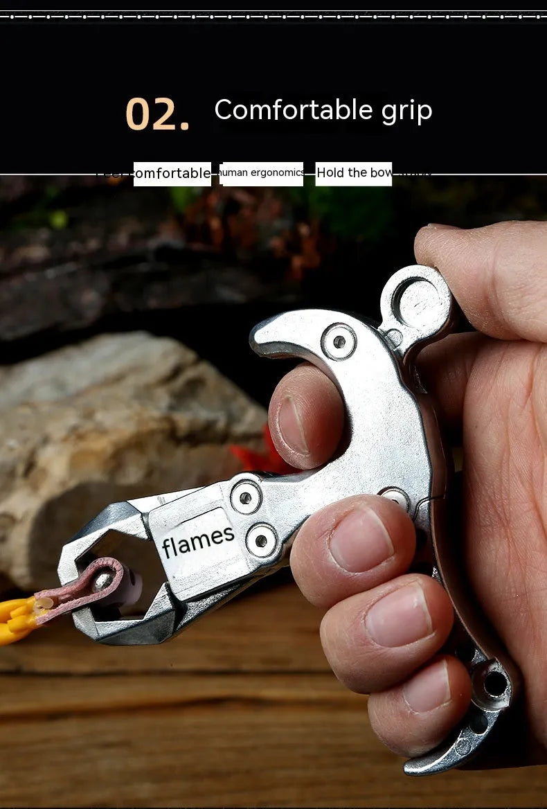 Zinc alloy archery release aid showing two-axis harpoon clip mechanism.
