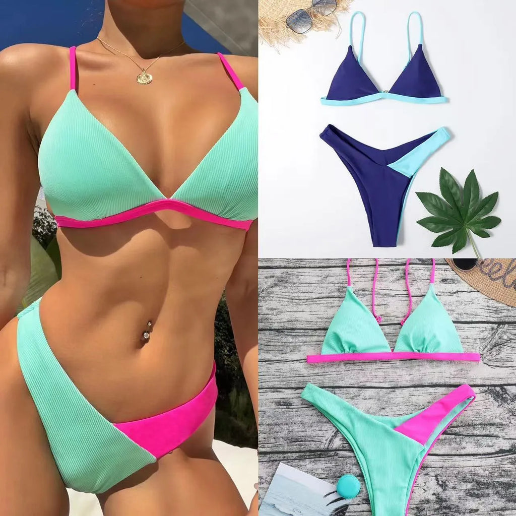 Women's patterned two-piece swimsuit set with matching bra top and briefs