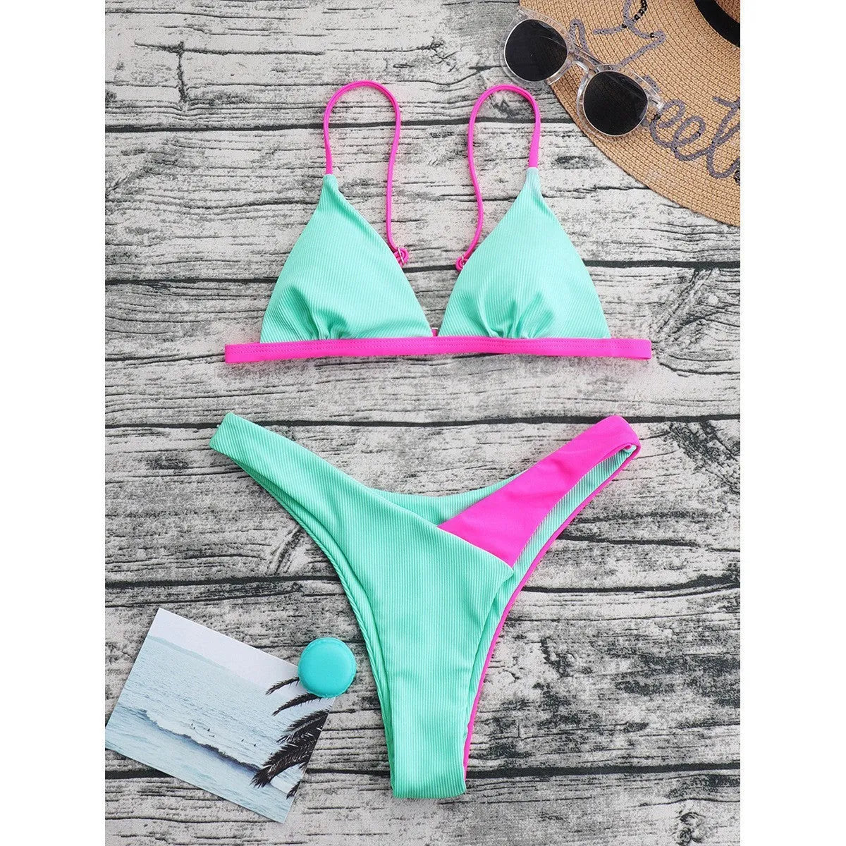 Women's patterned two-piece swimsuit set with matching bra top and briefs