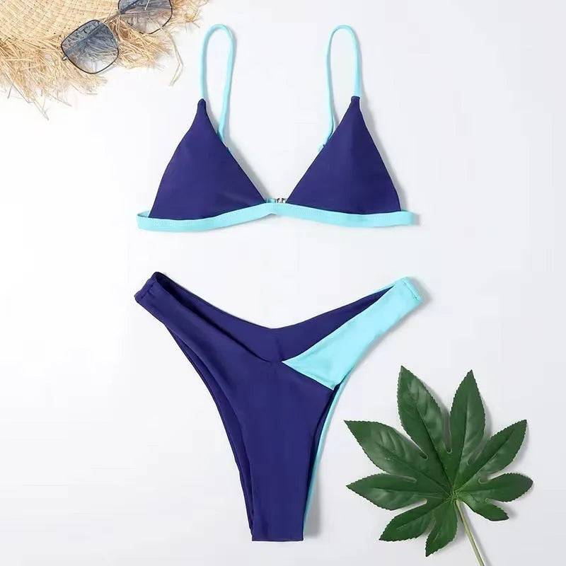 Women's patterned two-piece swimsuit set with matching bra top and briefs