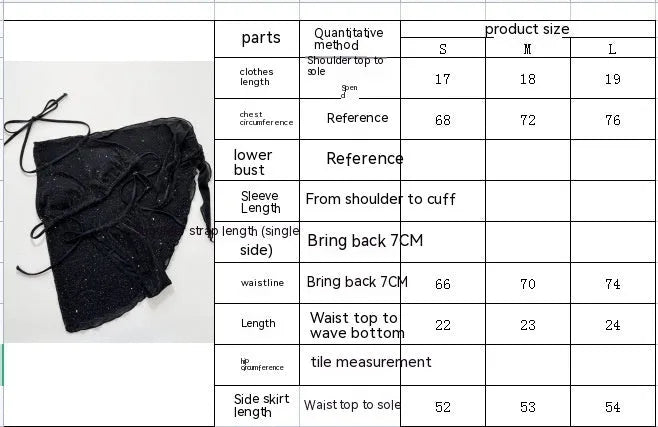 Black three-piece polyester bikini set with top and shorts on a size chart showing S, M, L.